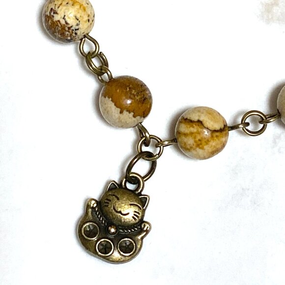 Genuine Yellow Picture Jasper Short Necklace, Cute Bronze Fortune Cat + Gemstone - Picture 4 of 15